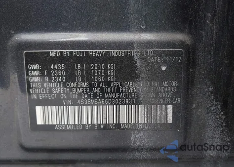 2013 Subaru Legacy 2.5I z USA, uszkodzony, nr VIN 4S3BMBA66D3023931